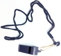Whistle, black plastic with lanyard