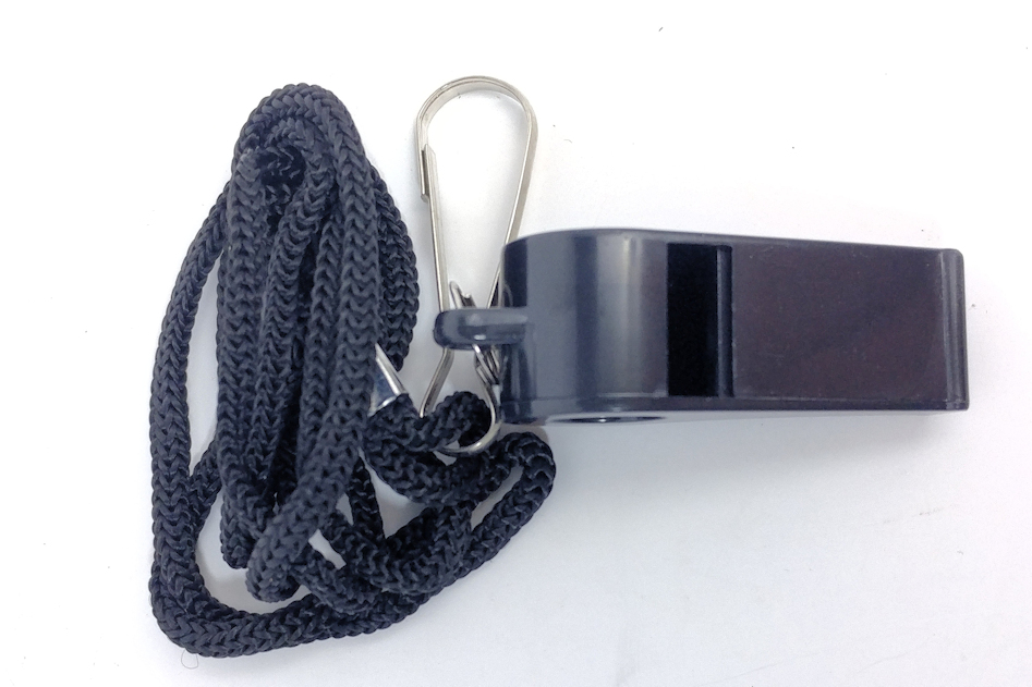 Whistle, black plastic with lanyard - Click Image to Close